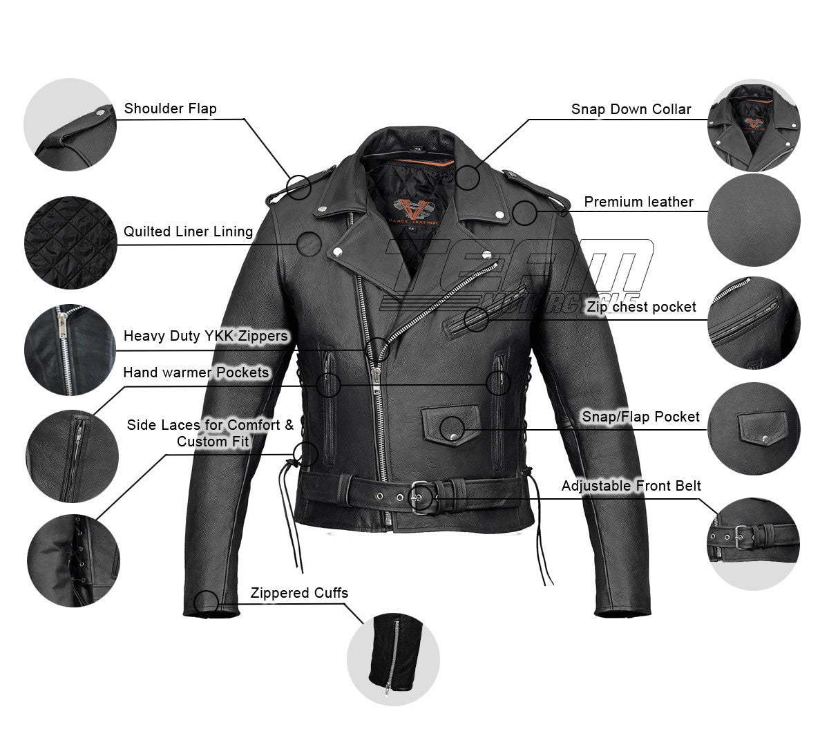 Vance VL515TG Mens Premium Cowhide Conceal Carry Insulated Liner and Side Laces Classic MC Motorcycle Biker Black Leather Jacket - Infographics