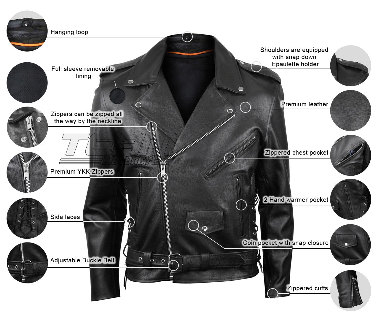 Mens Classic Side Lace Police Style MC Jacket - Infographics