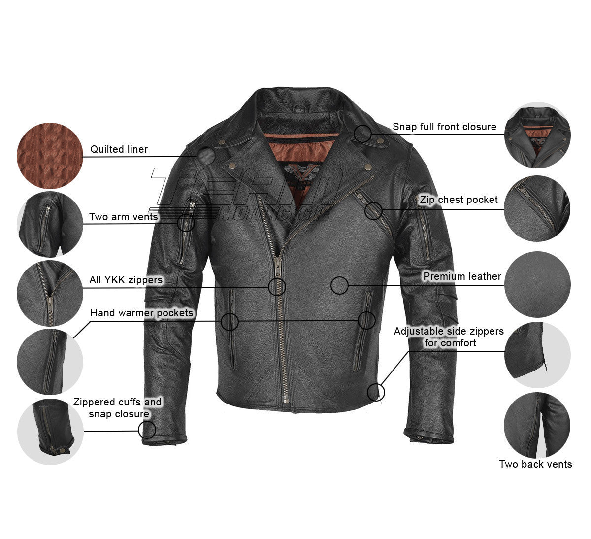 Vance VL517 Men's Dual Concealed Carry Vented Black Premium Cowhide Leather Biker Motorcycle Riding Jacket - Infographics