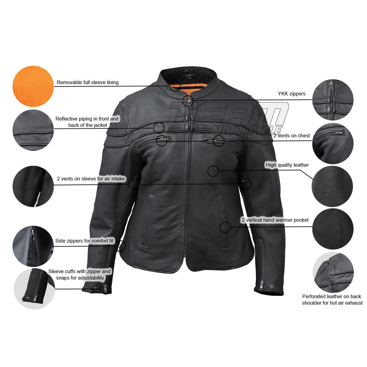 Vance Leather VL631 Women's Black Soft Cowhide Leather Sporty Scooter Crossover Biker Motorcycle Riding Jacket - Infographics