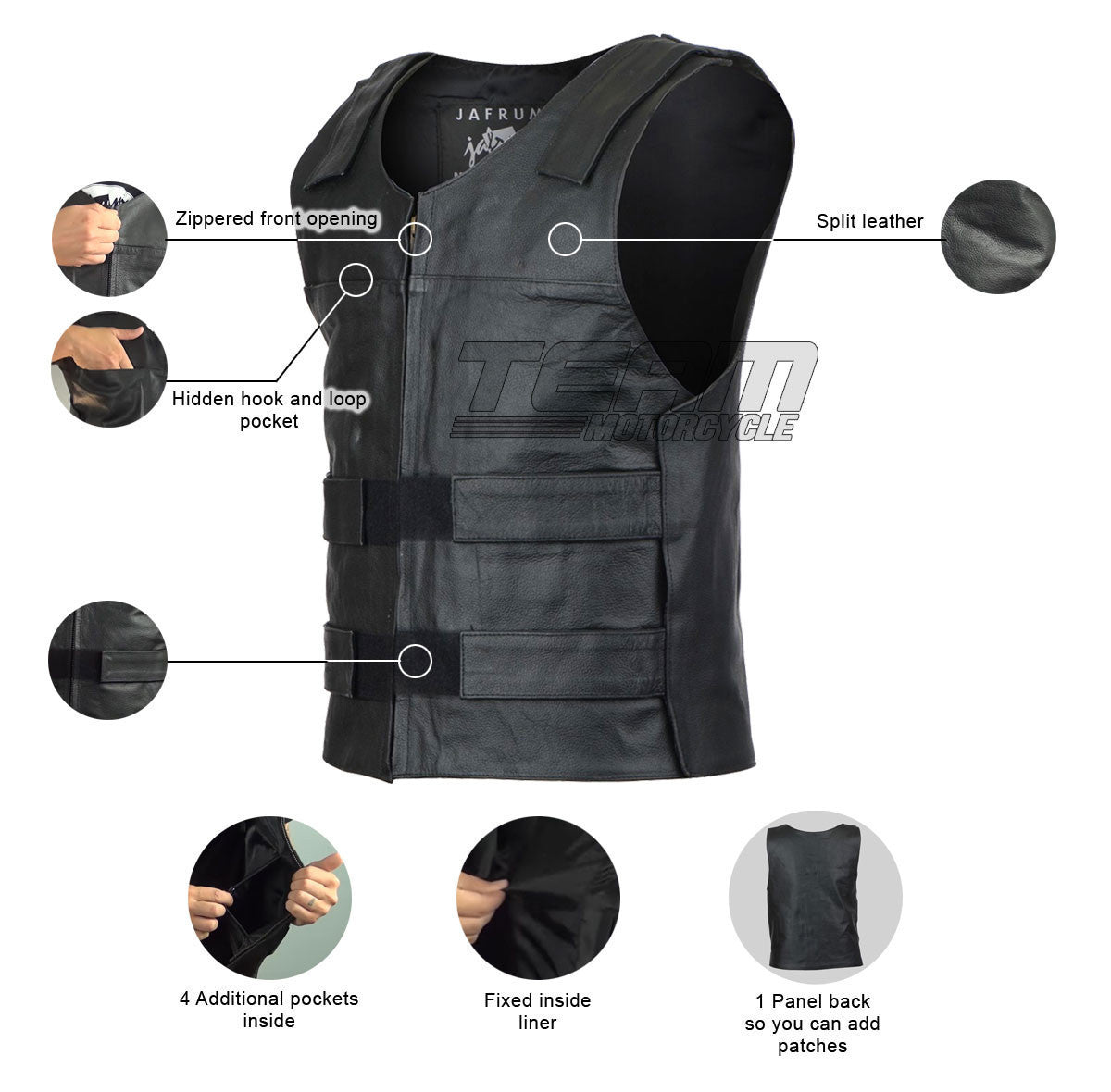 Jafrum MV101 Men's Bulletproof Style Biker Leather Motorcycle Vest - Infographics