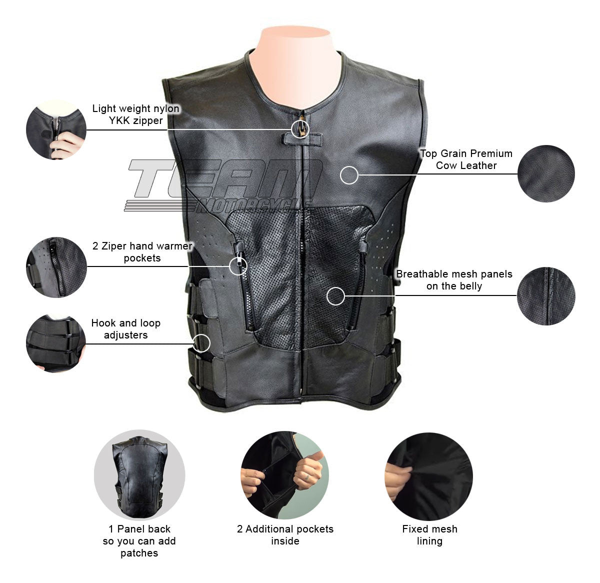 Jafrum MV120 SWAT Team Bulletproof Style Perforated Motorcycle Leather Vest - Infographics