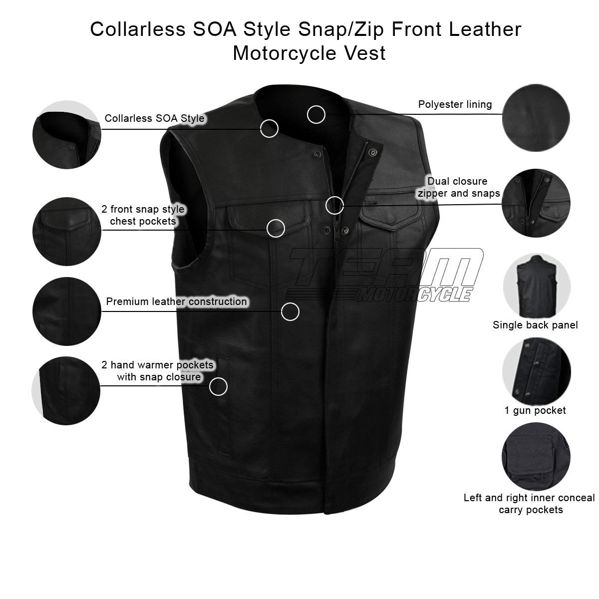 Vance MV122 Mens Black Collarless SOA Style Snap/Zip Front Leather Motorcycle Vest - Infographics