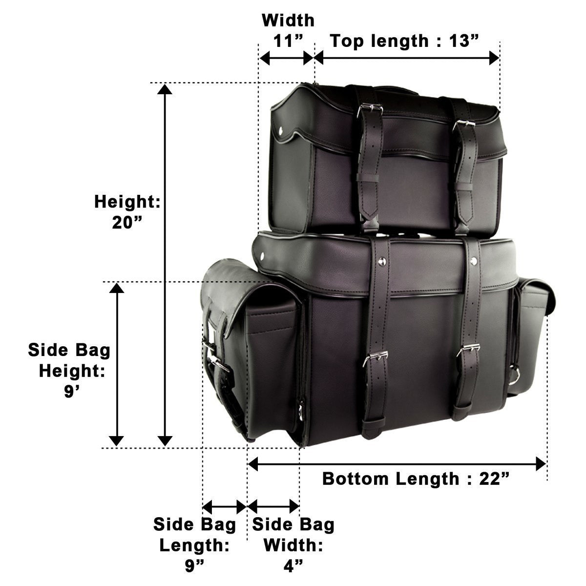 Vance VS339 Black 4 Piece Motorcycle Travel Luggage Sissy Bar Bag - Infographics