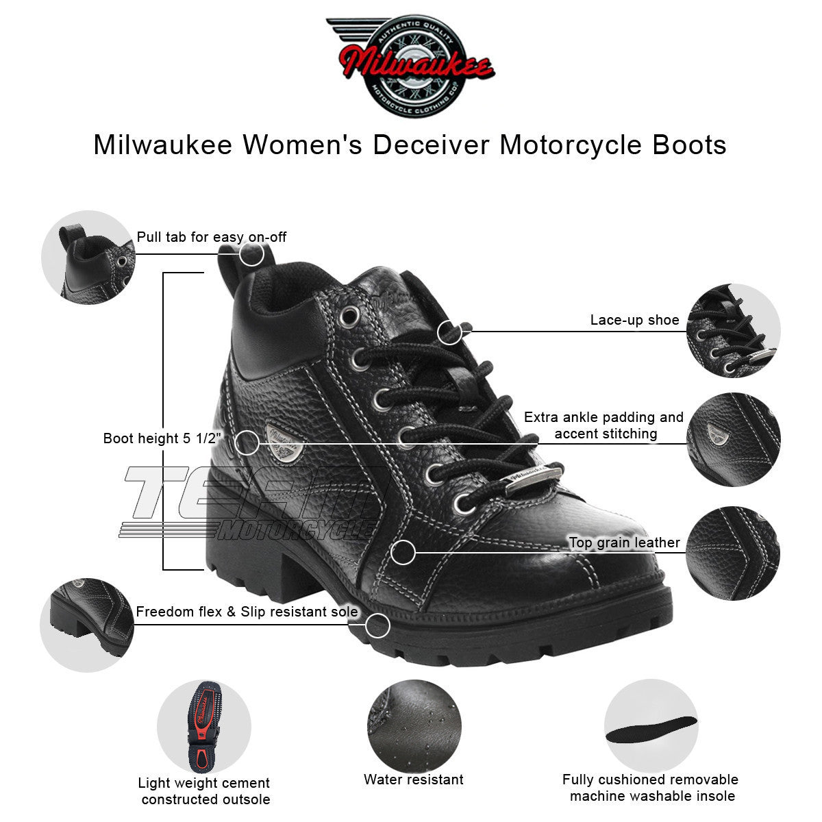 Womens Milwaukee Motorcycle Clothing Company MMCC Deceiver Motorbike Biker Riding Black Leather Boots - Infographics