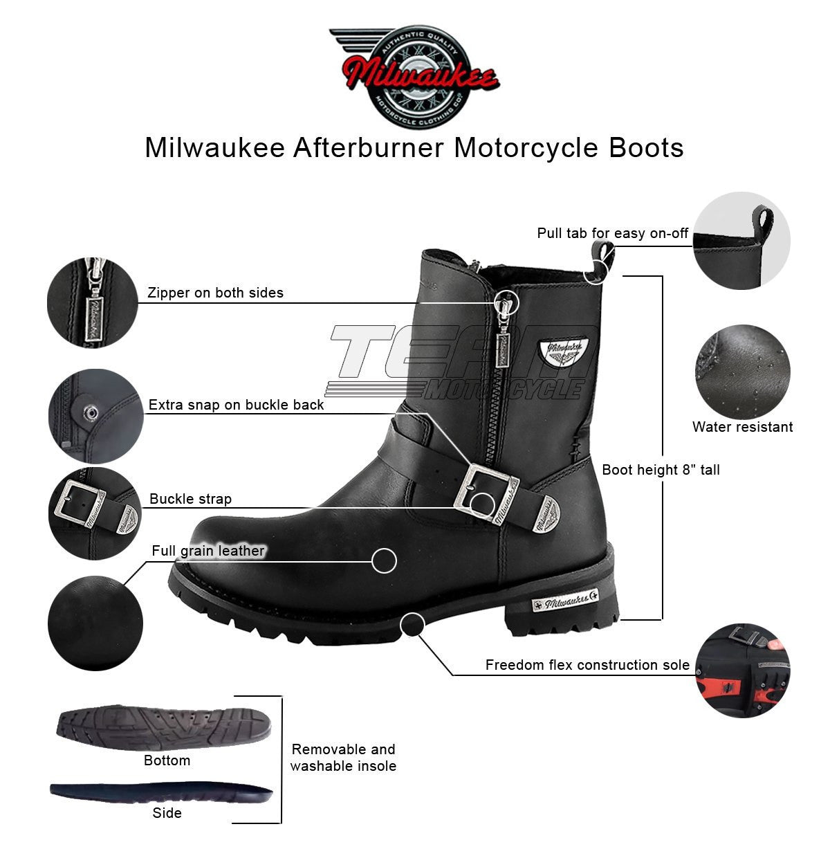 Mens Milwaukee Motorcycle Clothing Company MMCC Afterburner Motorbike Biker Riding Black Leather Boots - Infographics