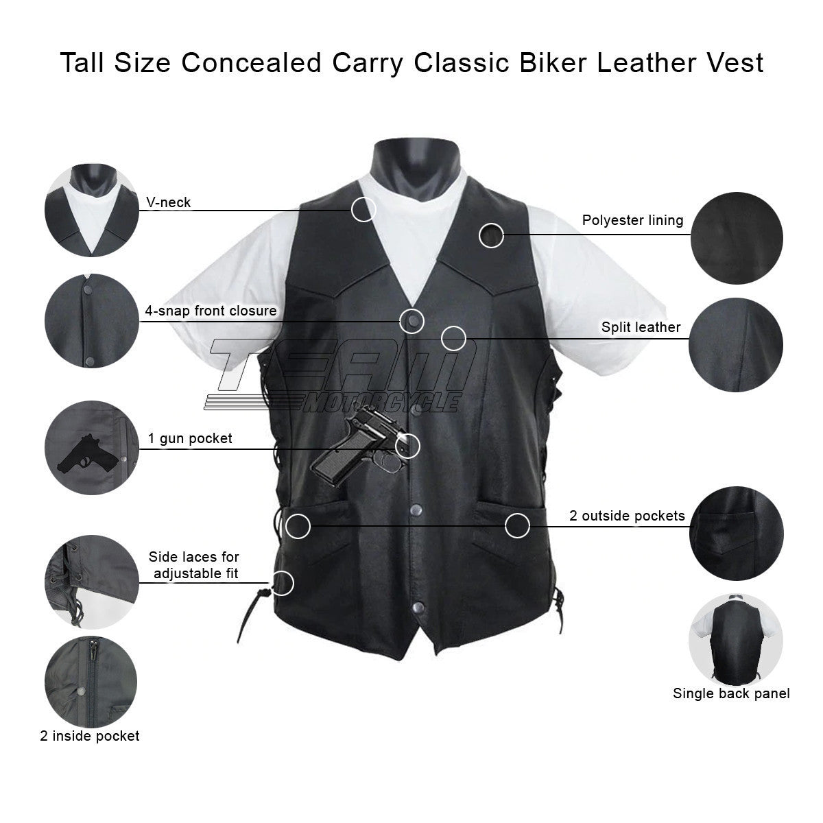 Vance MV103 Tall Size Men's Concealed Carry Lace Side Biker Motorcycle Leather Vest - Infographics