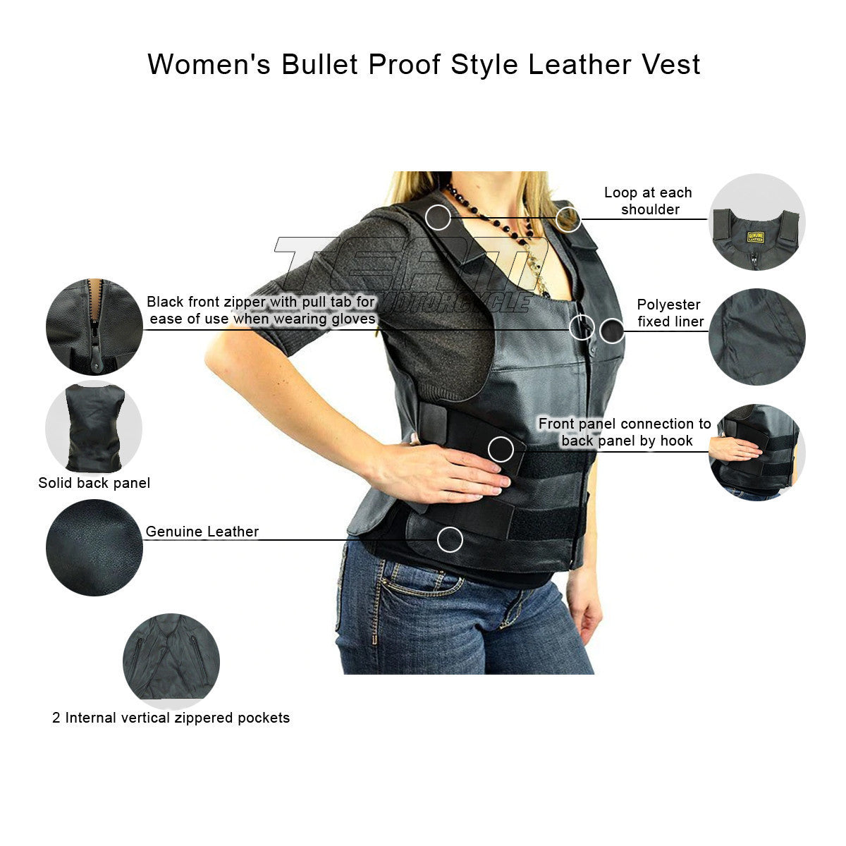 Jafrum LV750 Women's Black Bulletproof Style Biker Leather Motorcycle Vest - Infographics