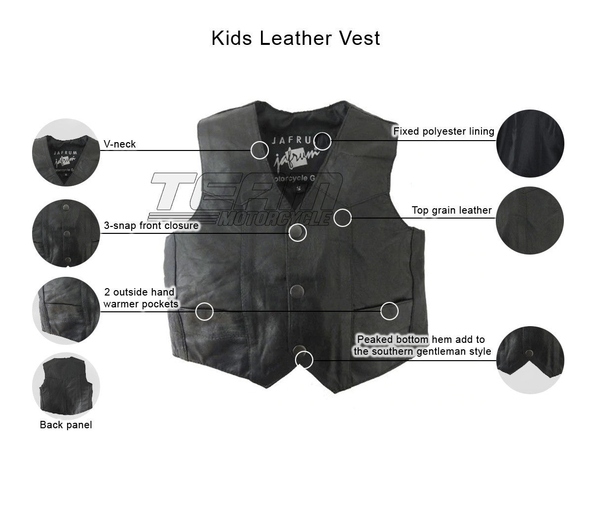 KV738 Kids Childrens Boys Girls Biker Motorcycle Style Black Leather Vest -Infographics