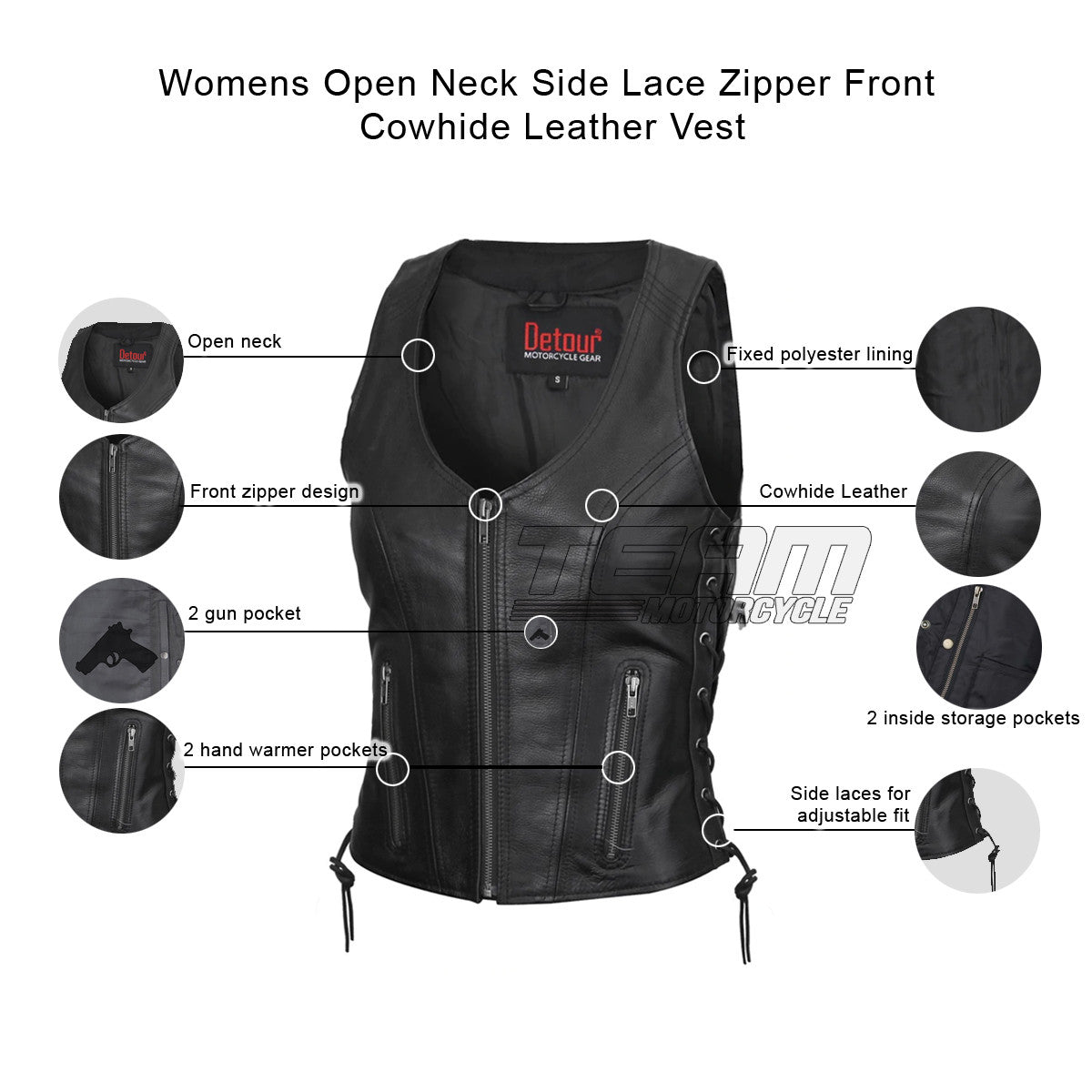 Womens Open Neck Side Lace Zipper Front Cowhide Leather Vest -Infographics