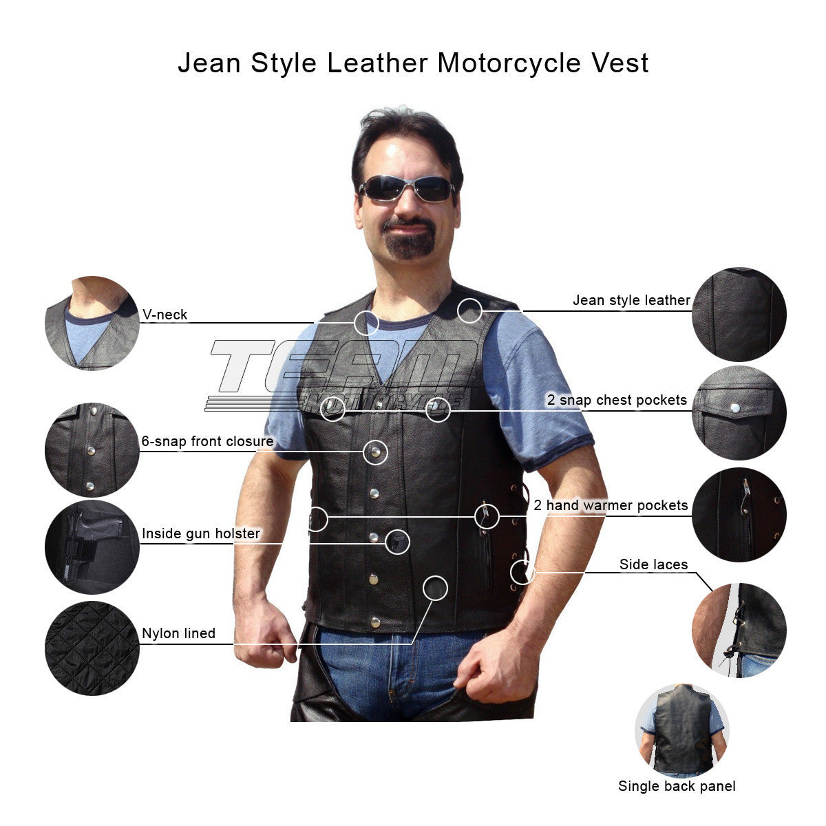 Vance MV109 Mens Black Jean Style Leather Motorcycle Vest -Infographics