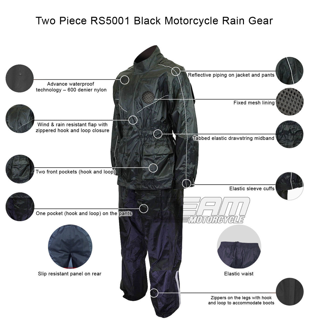 Thunder Under RS5001 Mens and Womens Black Two Piece Rainsuit Motorcycle Rain Gear - Infographics