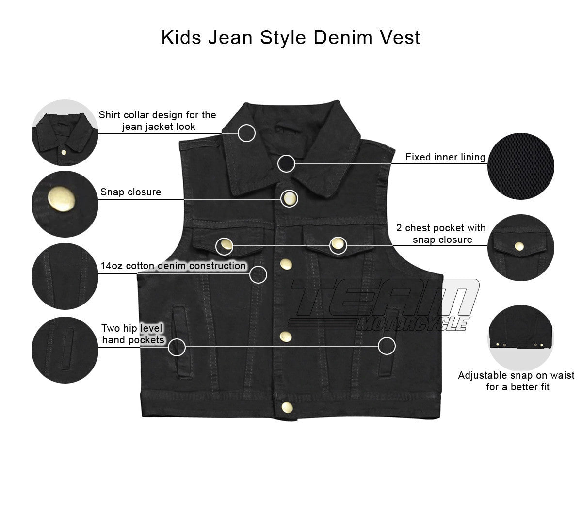 KV743 Kids Childrens Boys Girls Biker Motorcycle Jean Style Black or Blue Denim Vest - Infographics