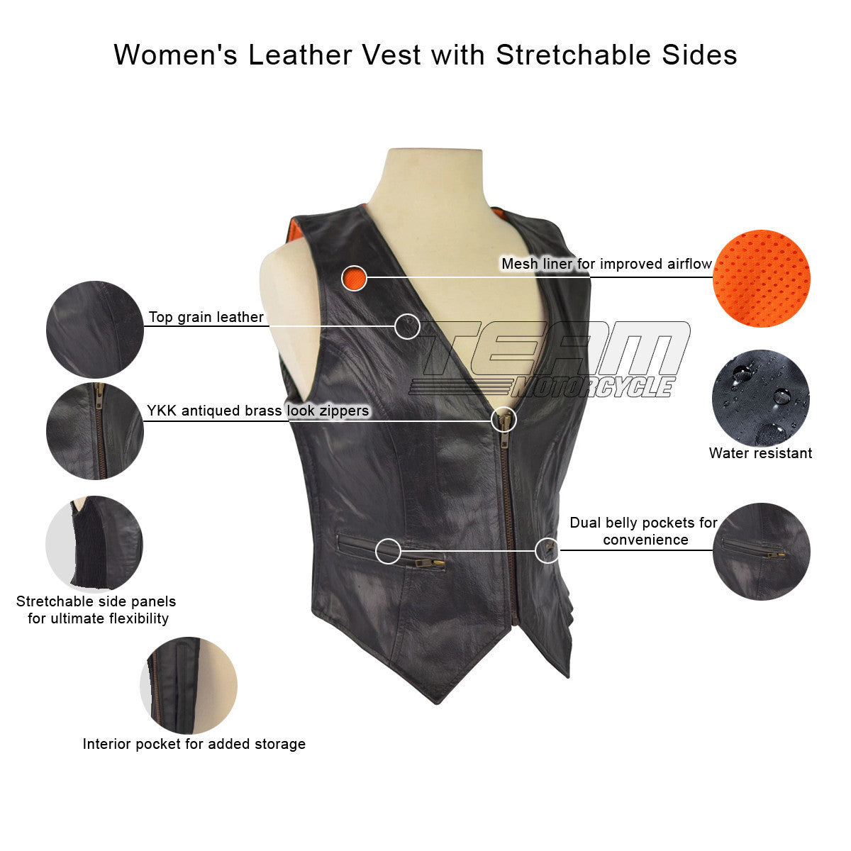 Women's Leather Vest with Stretchable Sides - Infographics