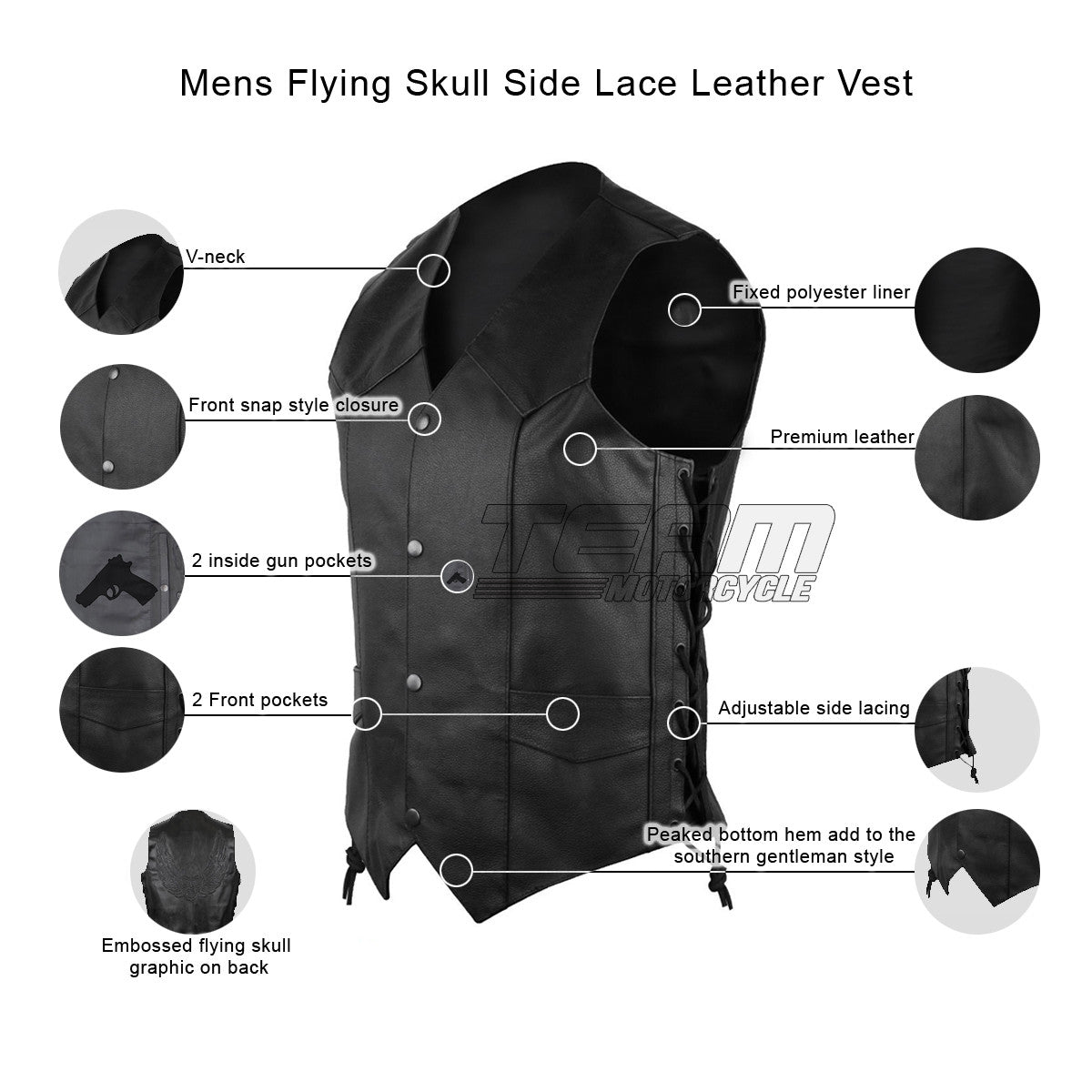 Mens Flying Skull Side Lace Leather Vest - Infographics