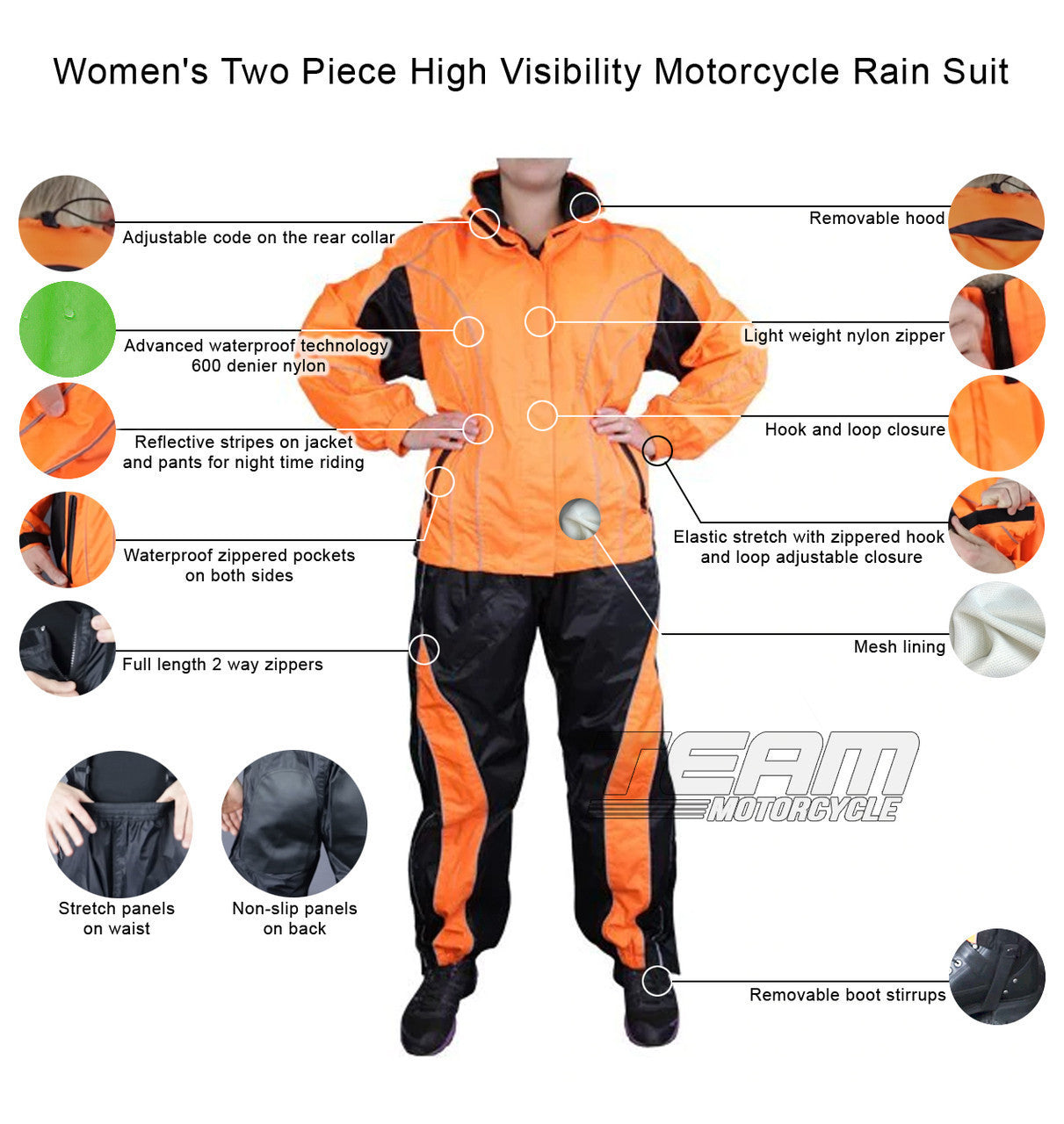 Jafrum Thunder Under RS5021 Women's Hi Visibility Orange and Yellow Motorcycle Rain Gear - Infographics