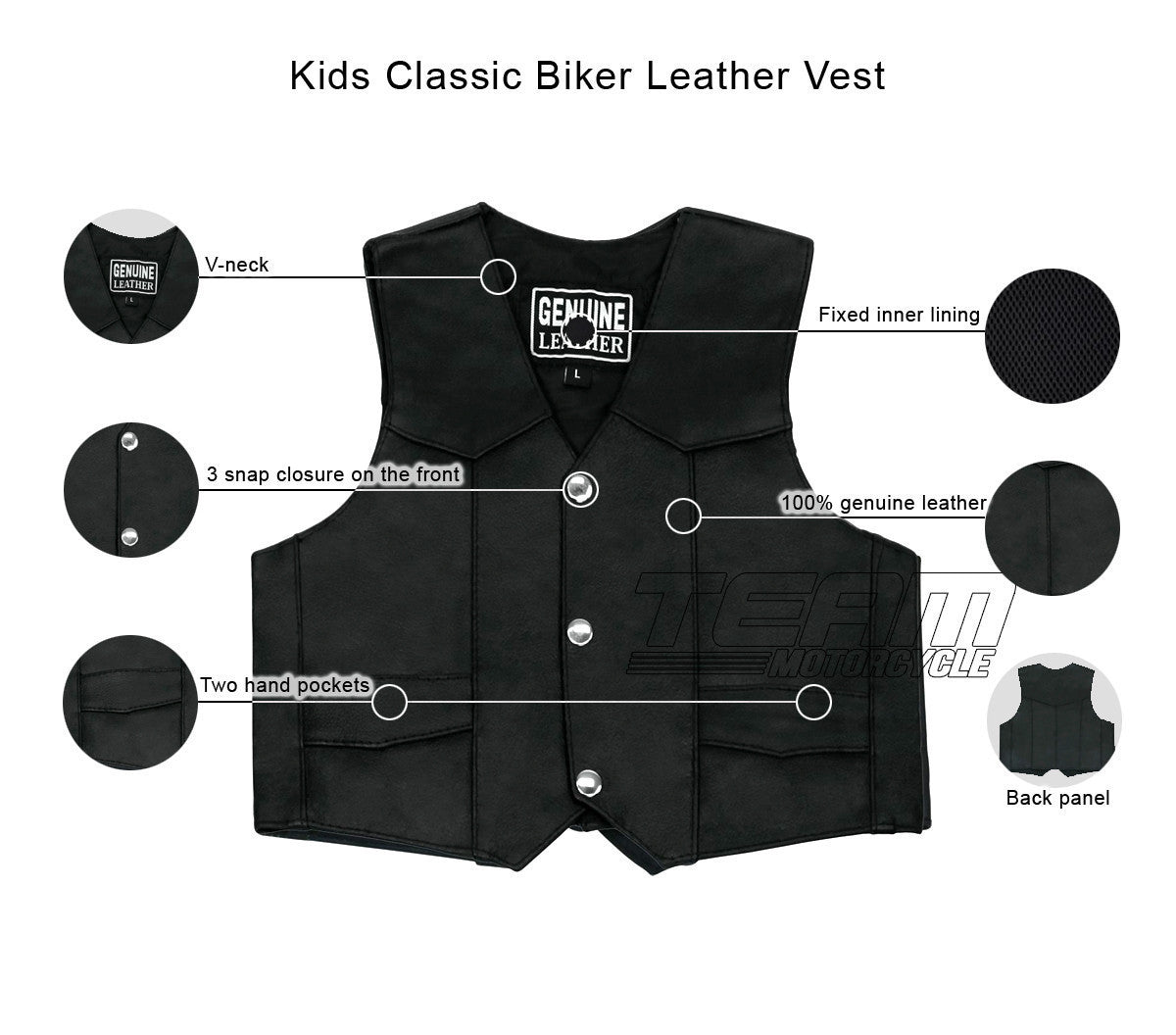 KV740 Kids Childrens Boys Girls Biker Motorcycle Style Black Leather Vest - Infographics