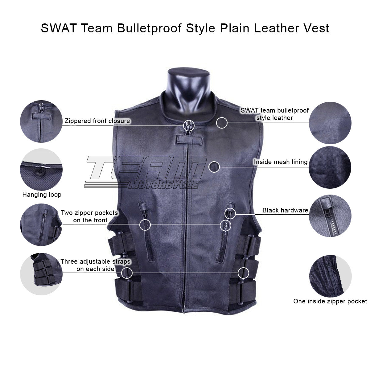 Jafrum MV119 SWAT Team Bulletproof Style Motorcycle Leather Vest - Infographics