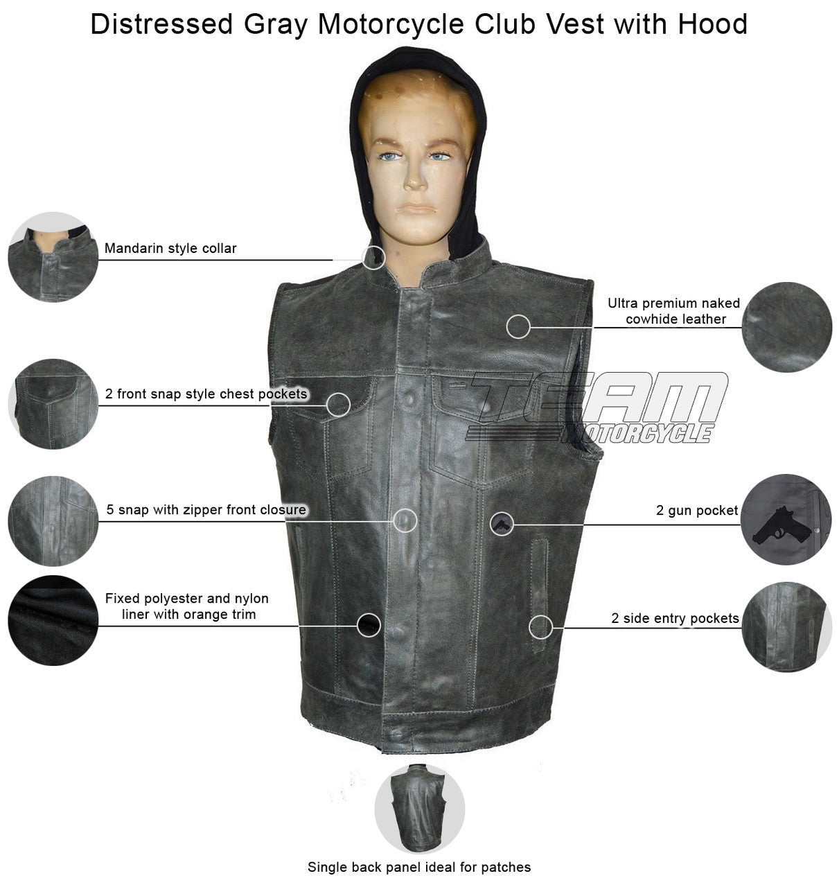 High Mileage HMM914HDG Mens Premium Cowhide Distressed Gray SOA Style Biker Club Leather Motorcycle Vest With Hoodie - Infographics