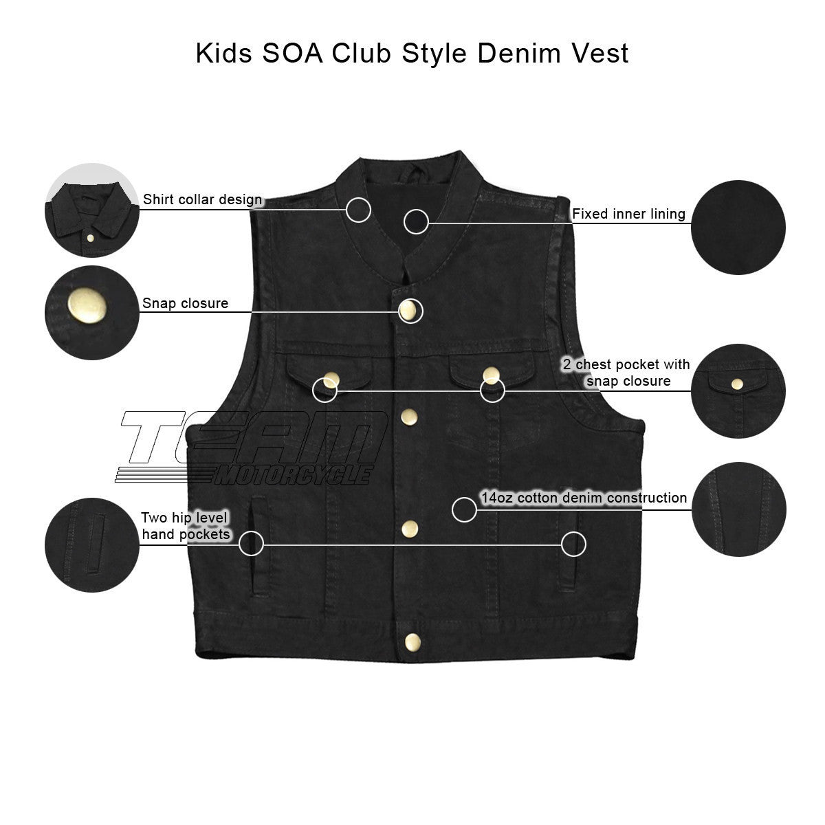 KV744 Kids Childrens Boys Girls Biker Motorcycle SOA Club Style Black or Blue Denim Vest - Infographics