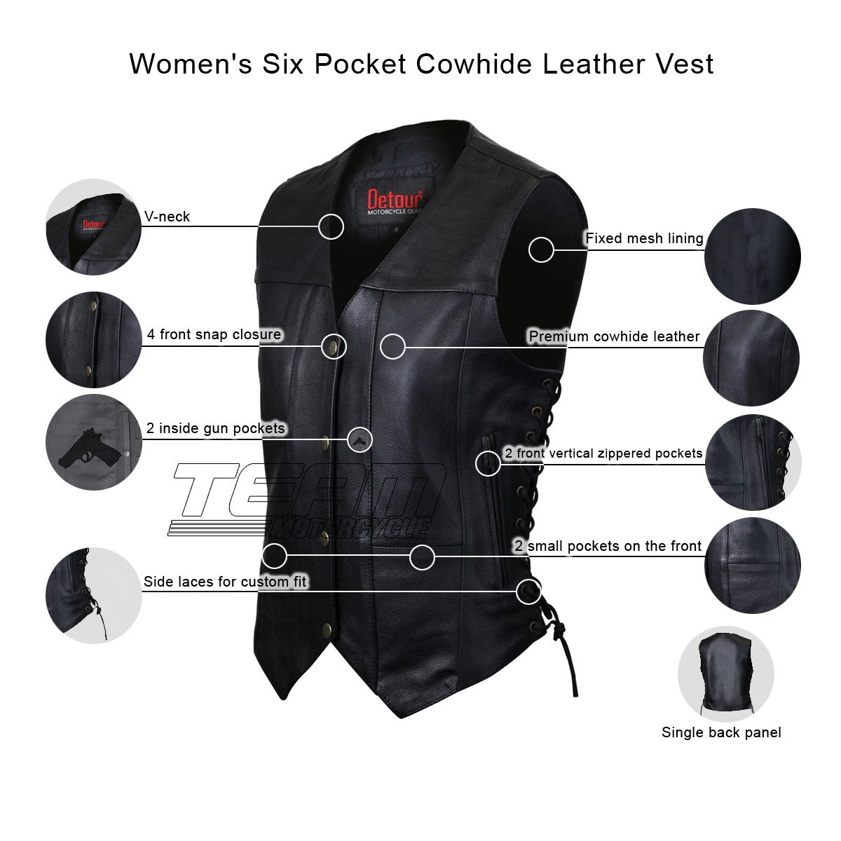 Jafrum LV777 Womens Black Six Pocket Concealed Carry Premium Cowhide Leather Vest - Infographics