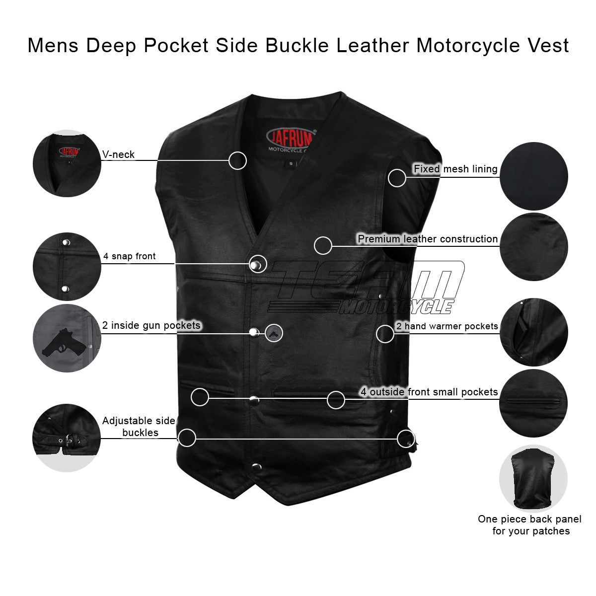 Vance MV111 Mens Black Deep Pocket Leather Motorcycle Biker Vest - Infographics