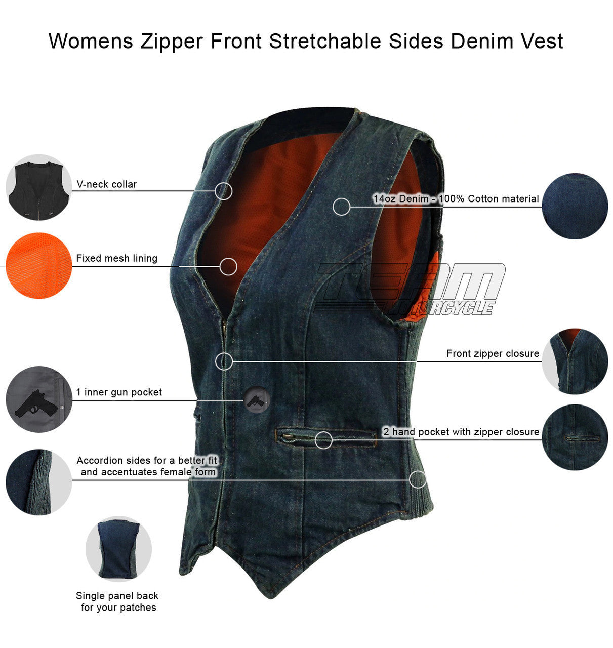 Jafrum LV771 Womens Zipper Front Stretchable Sides Blue or Black Denim Vest - Infographics