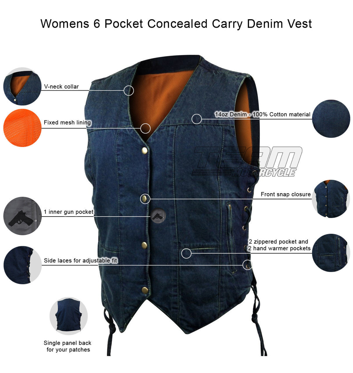 Jafrum LV775 Women's Black or Blue Six Pocket Concealed Carry Denim Vest - Infographics