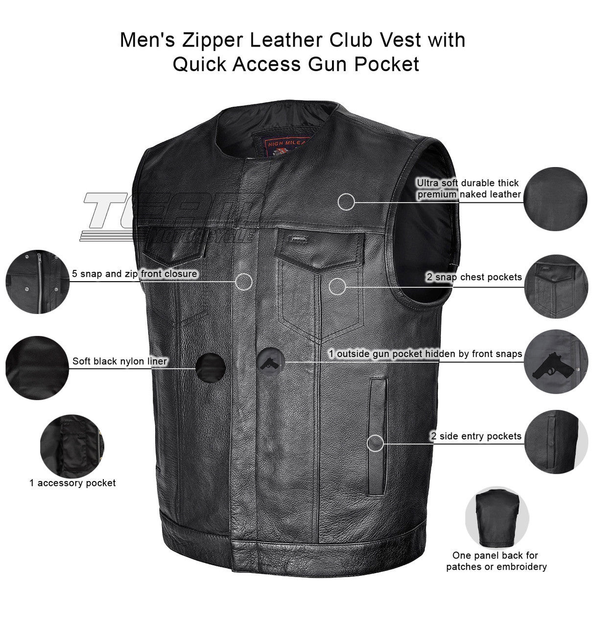 High Mileage HMM919 Mens Black Premium Cowhide Leather SOA Style Club Vest With Quick Access Conceal Carry Pocket - Infographics