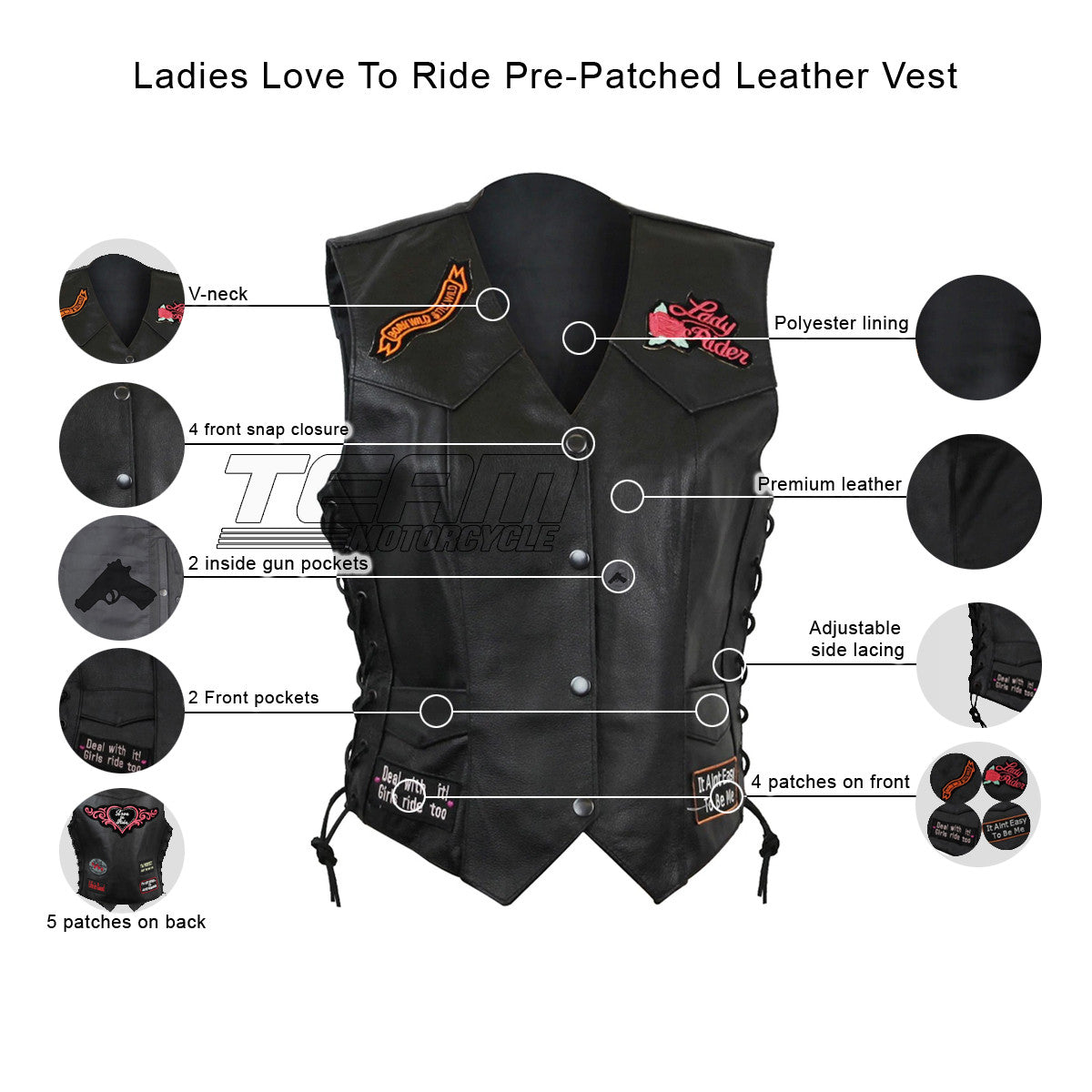 Ladies Love To Ride Pre-Patched Leather Vest - Infographics