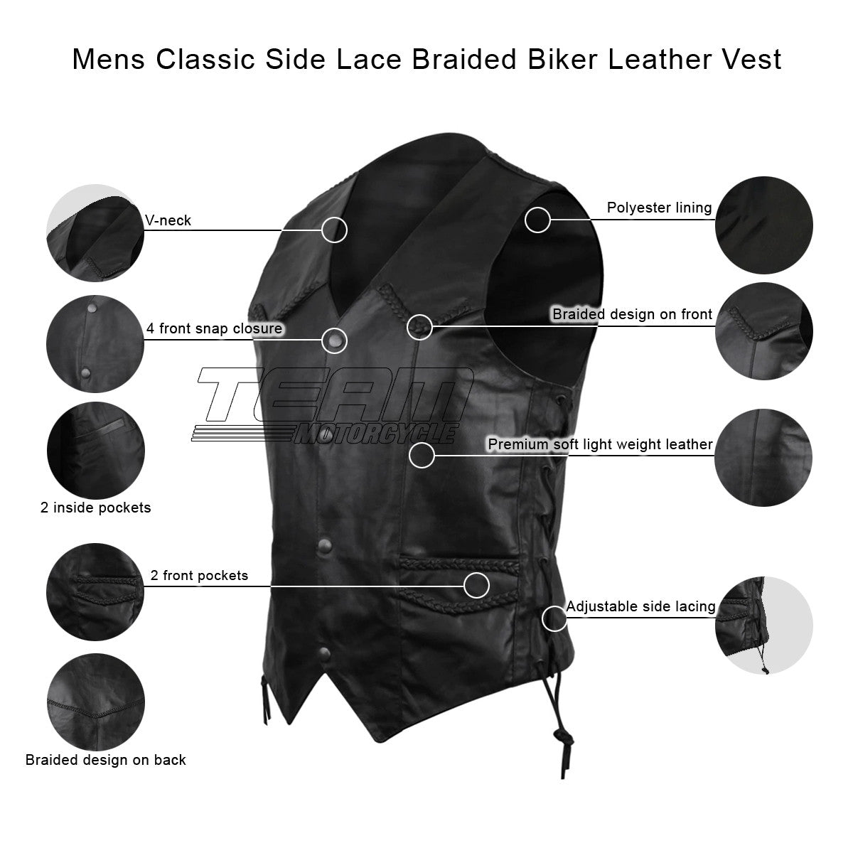 Mens Classic Side Lace Braided Biker Leather Vest - Infographics