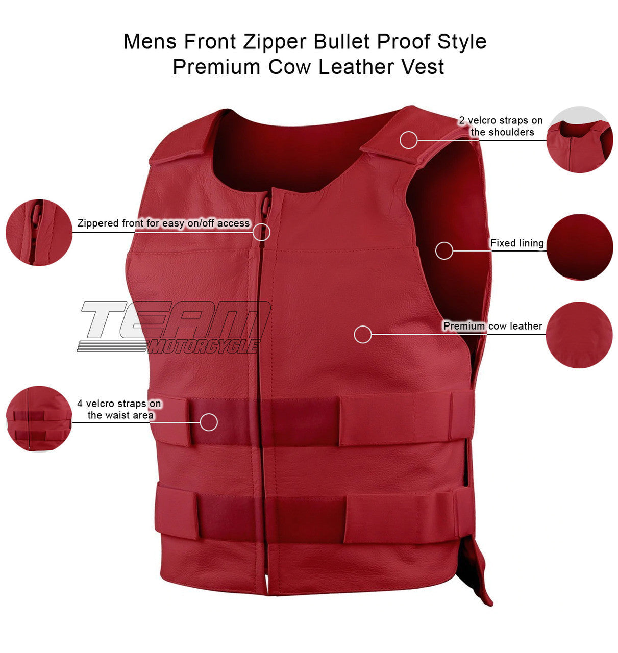 Mens Front Zipper Bullet Proof Style Premium Cow Leather Motorcycle Vest - Infographics