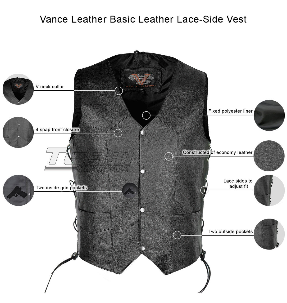 Vance VL902S Mens Black Side Lace Leather Vest - Infographics