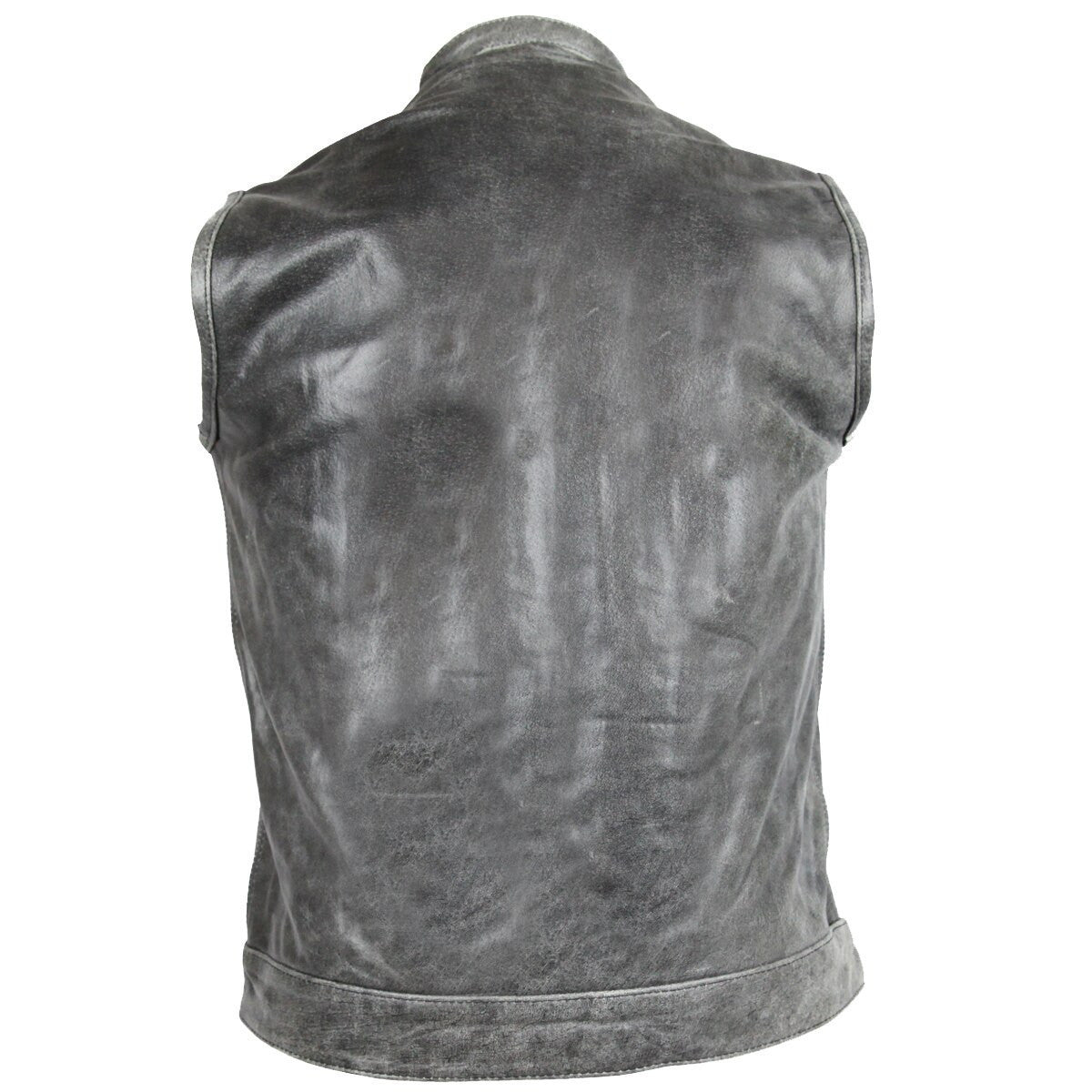 High Mileage HMM914DG Mens Premium Cowhide Distressed Gray SOA Style Biker Club Leather Motorcycle Vest - Back View