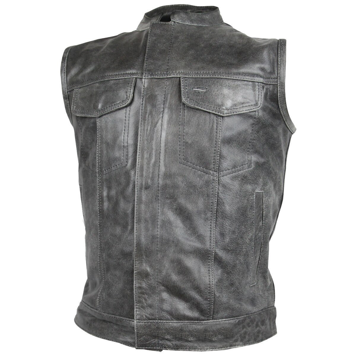 High Mileage HMM914DG Mens Premium Cowhide Distressed Gray SOA Style Biker Club Leather Motorcycle Vest