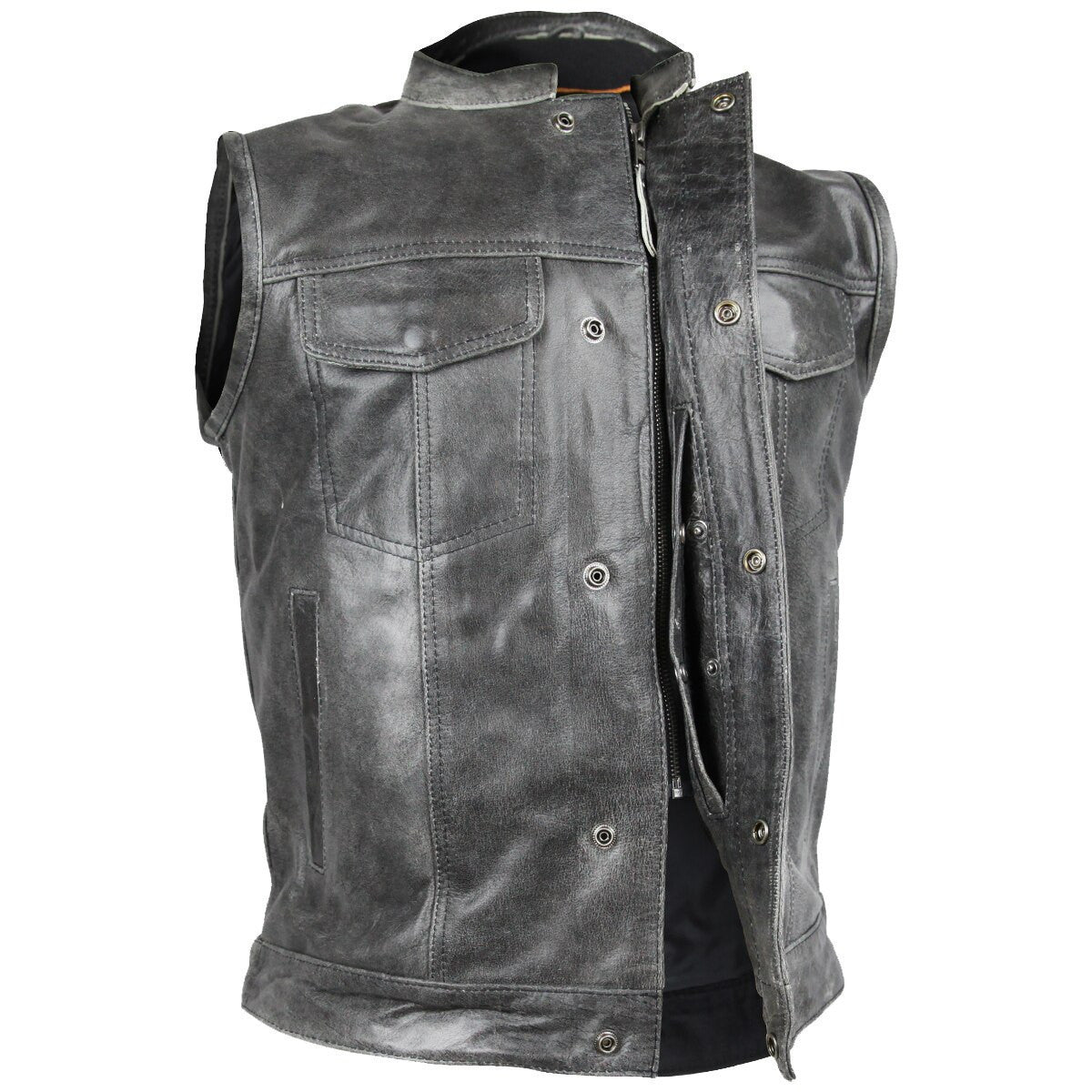 High Mileage HMM914DG Mens Premium Cowhide Distressed Gray SOA Style Biker Club Leather Motorcycle Vest - Front Zipper