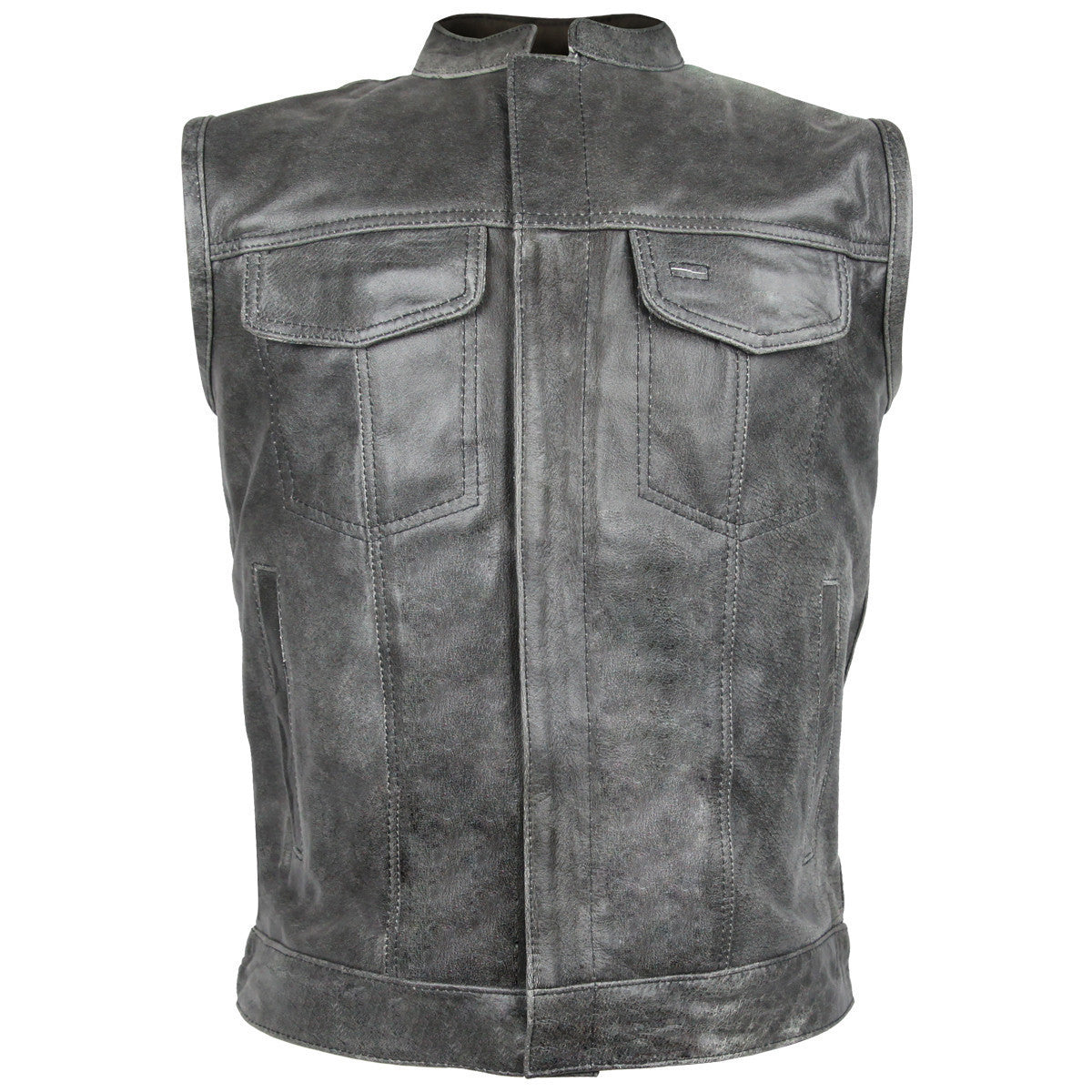 High Mileage HMM914DG Mens Premium Cowhide Distressed Gray SOA Style Biker Club Leather Motorcycle Vest