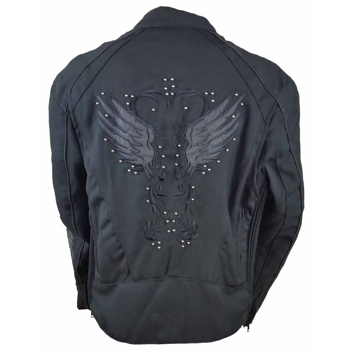 Vance VL1582B Women's Embroidered Reflective Black Wings Textile Lady Biker Motorcycle Riding Jacket