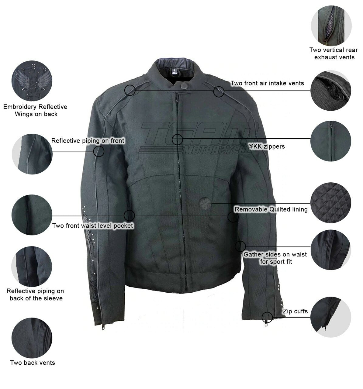 Vance VL1582B Women's Embroidered Reflective Black Wings Textile Lady Biker Motorcycle Riding Jacket - Infographics