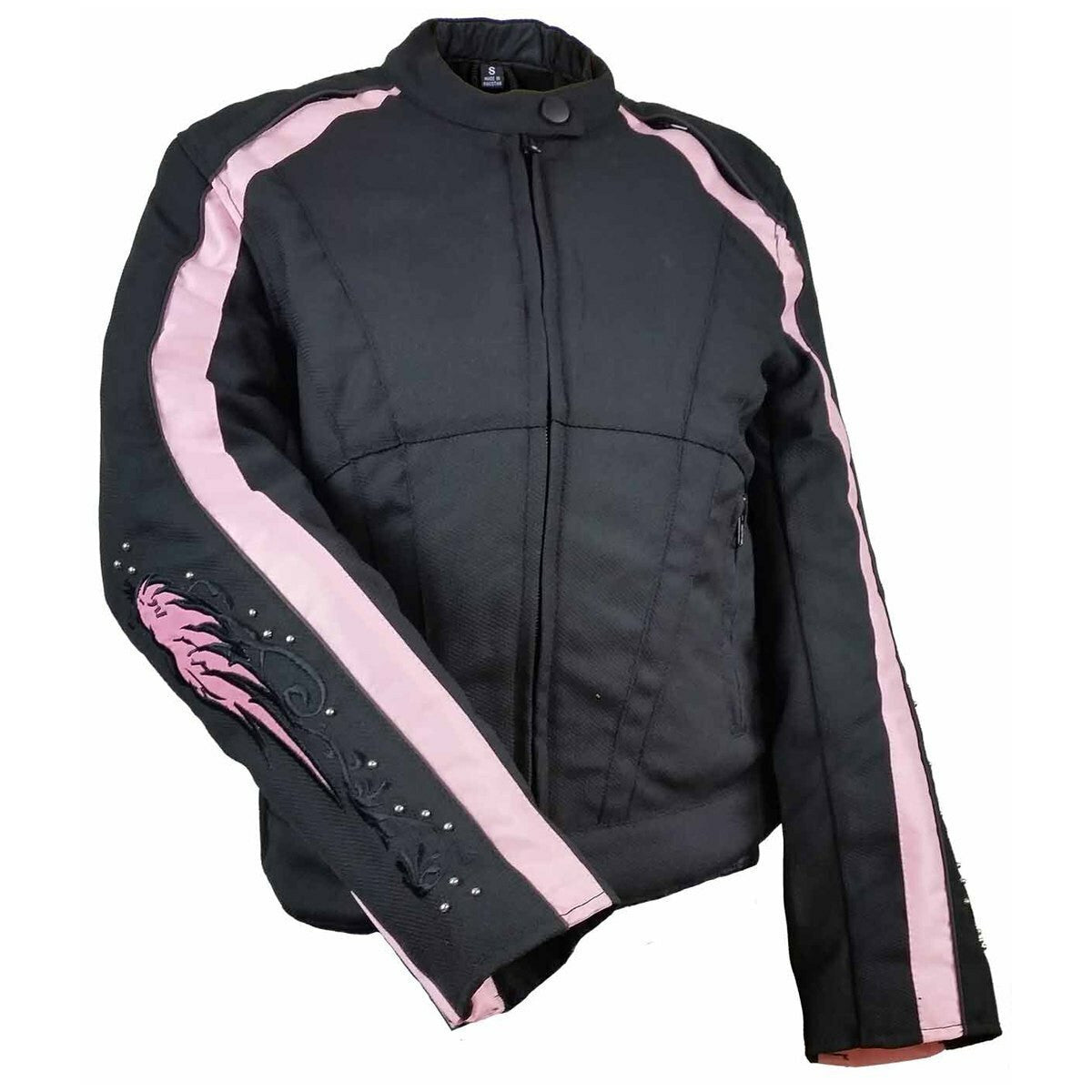 Vance VL1582P Women's Embroidered Reflective Pink Wings Textile Lady Biker Motorcycle Riding Jacket