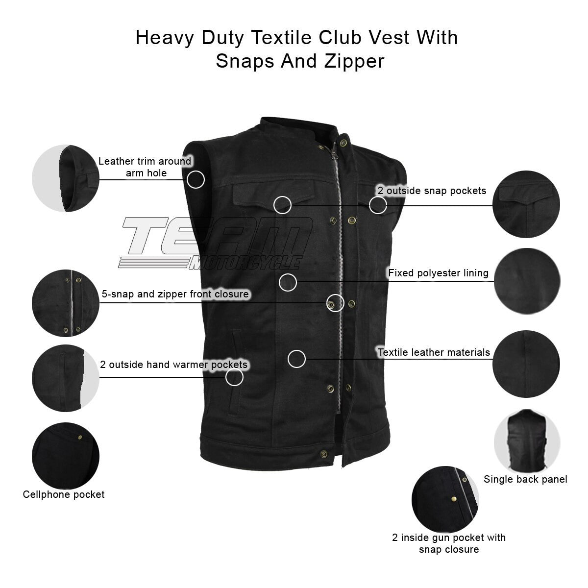 Vance VL1914 Mens Black Front Zipper and Snap Closure SOA Club Style Textile Motorcycle Vest - Infographics