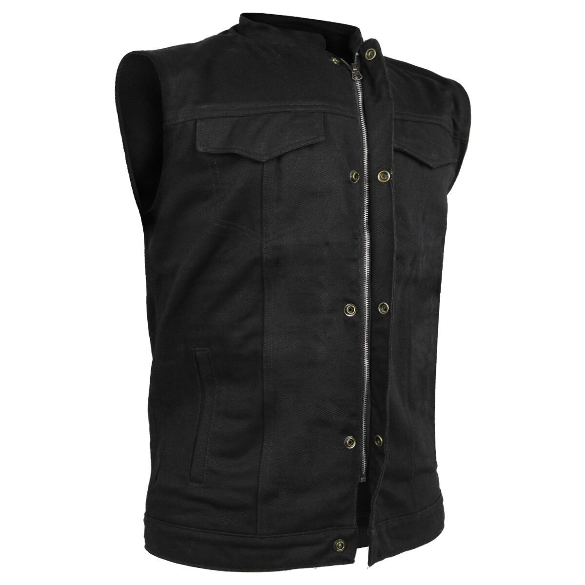 Vance VL1914 Mens Black Front Zipper and Snap Closure SOA Club Style Textile Motorcycle Vest - Front Zipper