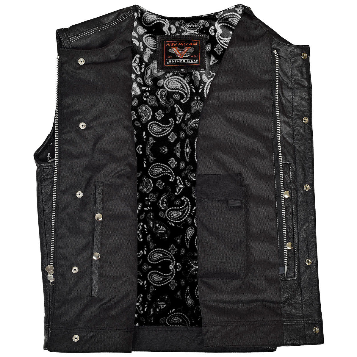 Vance VL919BP Men's Black Premium Cowhide Leather Biker Motorcycle Vest With Quick Access Conceal Carry Pockets and Paisley Liner - Inner View