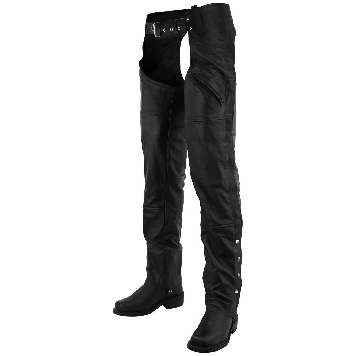 Vance Leather VL812 Mens and Womens Black Premium Cowhide Deep Pocket Biker Leather Motorcycle Chaps