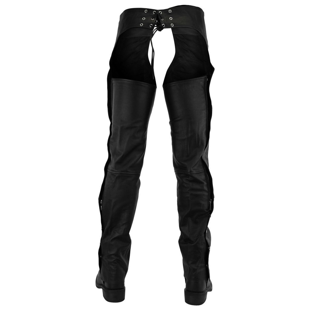 Vance Leather VL812 Mens and Womens Black Premium Cowhide Deep Pocket Biker Leather Motorcycle Chaps - Back View