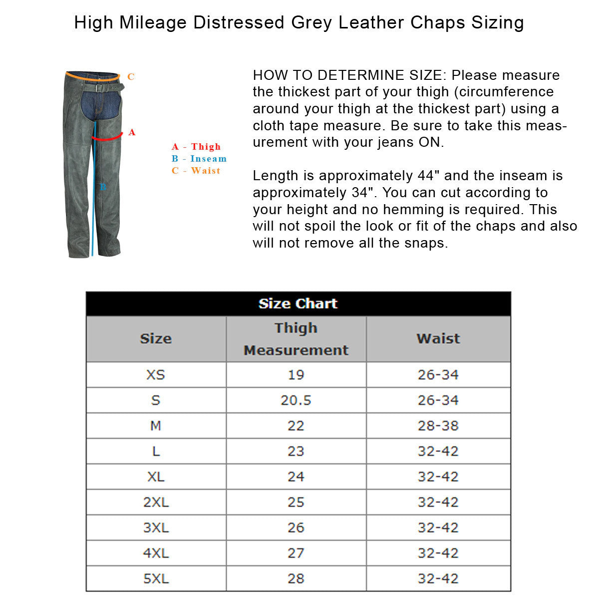 High Mileage HM814DG Men and Women Premium Cowhide Vintage Distressed Gray Biker Leather Motorcycle Chaps - Size Chart