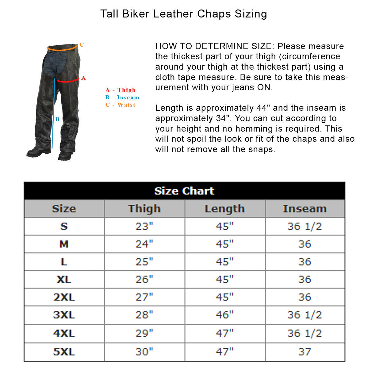 Tall Biker Leather Chaps - Size Chart