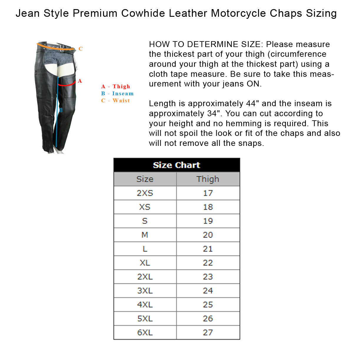 Vance Leather VL813 Men and Women Black Jean Style Cowhide Biker Motorcycle Leather Chaps - Size Chart