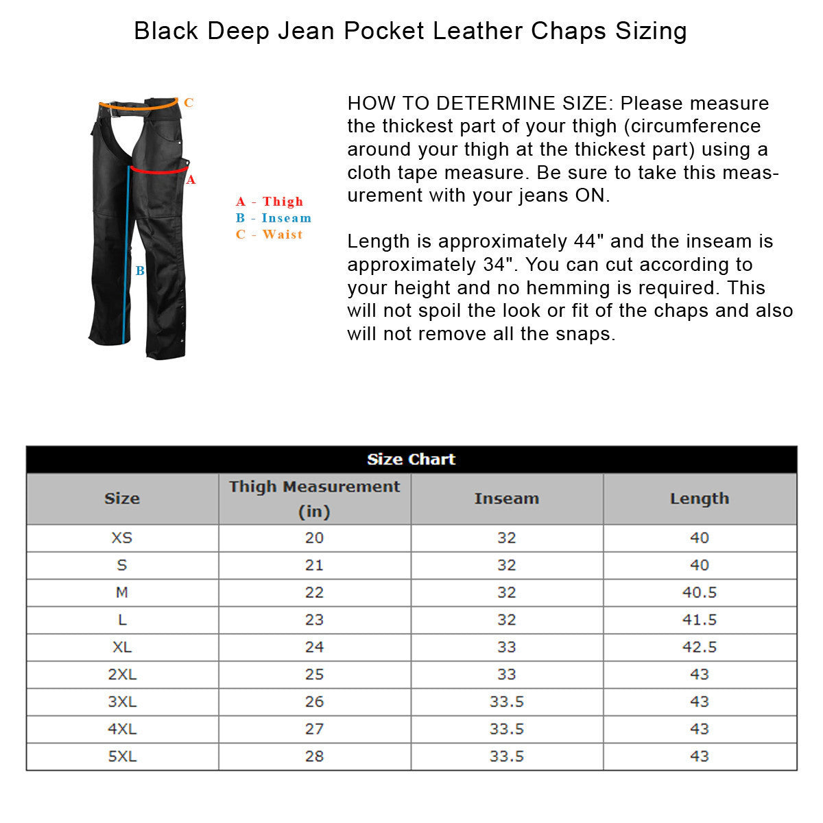 Black Deep Jean Pocket Leather Chaps - Size Chart