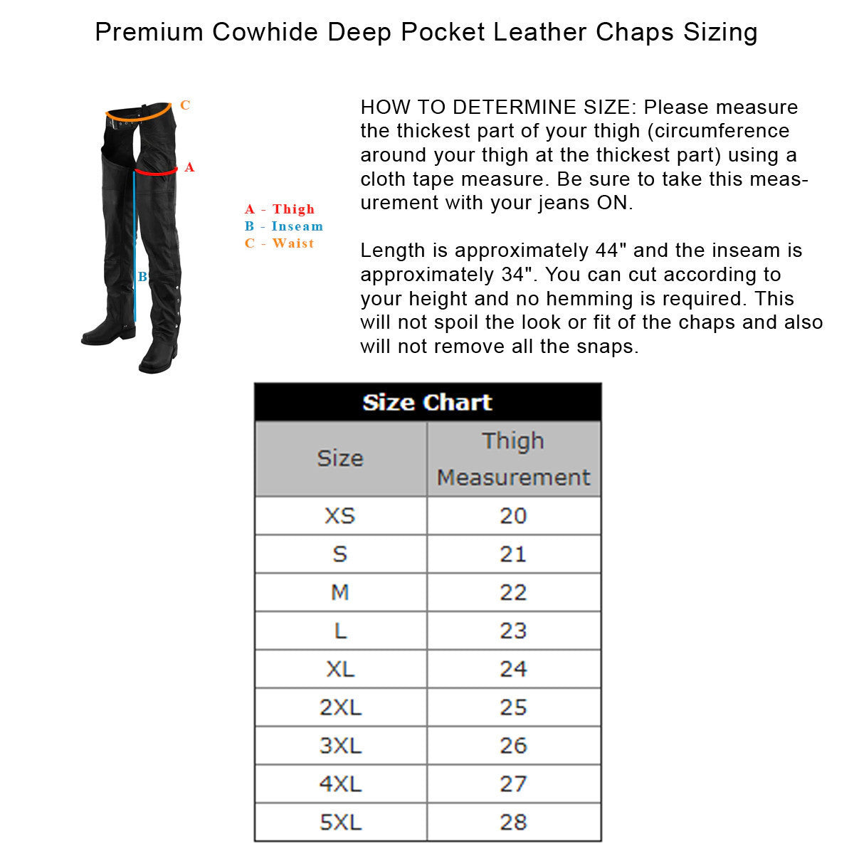 Vance Leather VL812 Mens and Womens Black Premium Cowhide Deep Pocket Biker Leather Motorcycle Chaps - Size Chart